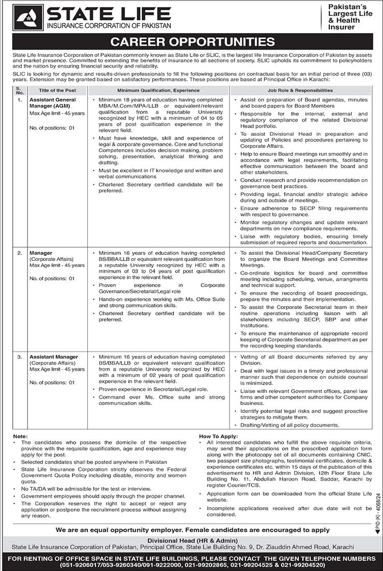 Jobs in State Life Insurance Corporation of Pakistan Karachi